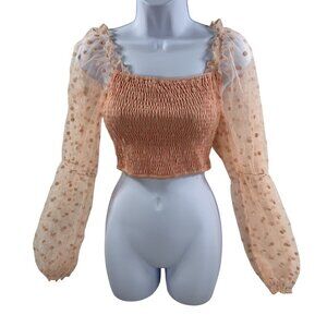 NWT Yilibasha Women M Polka Dot Smocked Sheer Puff Sleeve Crop Top Coquette Edgy
